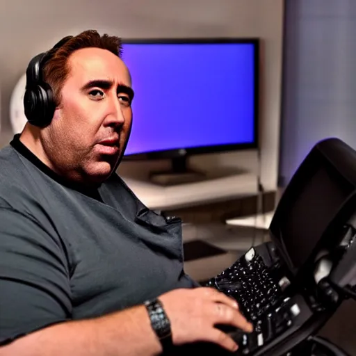 Image similar to obese nicolas cage wearing a headset yelling at his monitor while playing WoW highly detailed wide angle lens 10:9 aspect ration award winning photography