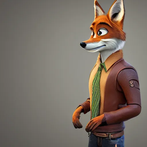 Image similar to portrait, 3 d render, anthropomorphic coyote male, wearing along brown leather jacket, in the style of zootopia