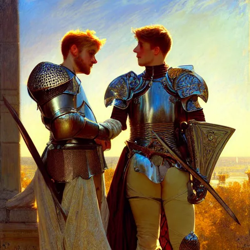 Image similar to attractive arthur pendragon and his attractive male knight, they are in love, natural lighting, path traced, highly detailed, high quality, digital painting, by gaston bussiere, craig mullins, alphonse mucha j. c. leyendecker