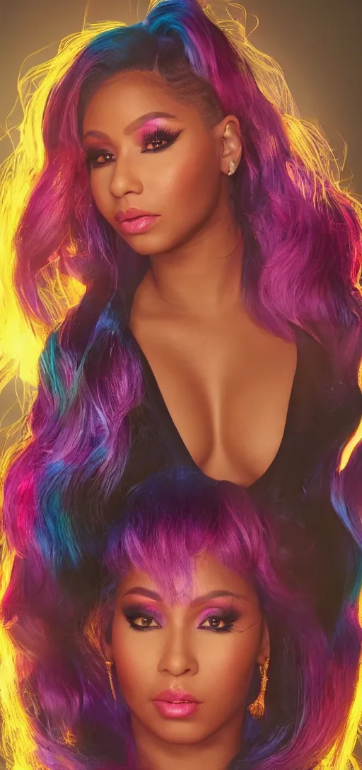 Prompt: nicki minaj, glowing hair, 8 k, cinematic light shadows, wet hdr refractions