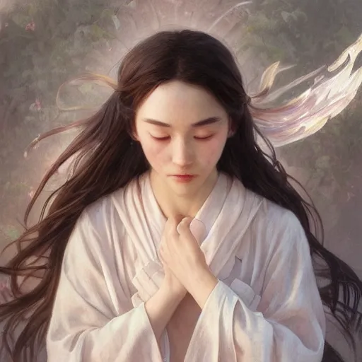 Image similar to Xie Lian didn't know wether to laugh or cry, white, highly detailed, sharp focus, ethereal, intricate, artstation, digital painting, by artgerm and greg rutkowski and alphonse mucha