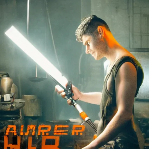 Prompt: augmented human repairing weapon made from old egg beater, dark messy smoke - filled cluttered workshop, dark, dramatic lighting, orange tint, cinematic, highly detailed, sci - fi, futuristic, movie still from blade runner