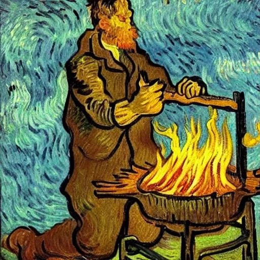 Image similar to painting of a man in hell making smores, by van gogh.