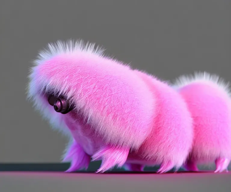 Image similar to high quality 3 d render hyperrealist very cute small tardiradiant, plush mascot, long spiky fluffy smooth hair, photo from the side, pink fluffy fur, vray, smooth background, artstation, ultra detailed