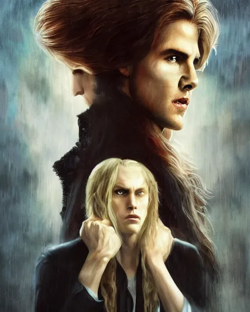 Prompt: alternate cover art for the movie interview with a vampire starring a long haired blonde tom cruise as lestat de lioncourt portrait, face centered portrait, confident, unused design, nightmare world, fog, rain, volumetric lighting, realistic illustration, perfectly shaded, soft painting, art by krenz cushart and wenjun lin