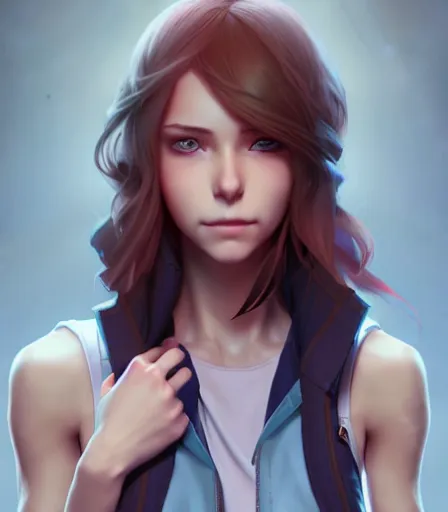 Image similar to portrait of a young woman with blue eyes, brown hair and a perfect body, wearing casual clothes, character design by charlie bowater, ross tran, artgerm, and makoto shinkai, detailed, soft lighting, rendered in octane