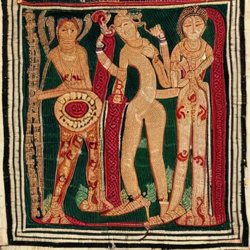 Image similar to adam, eve and the serpent, detailed, intricate embroidery, style of hindu scripts, india, 1 0 0 bc