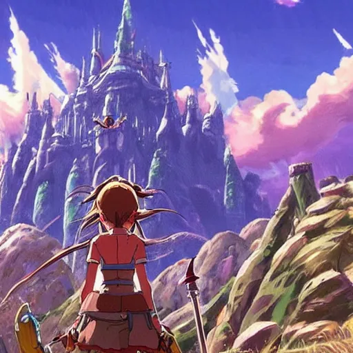 Prompt: A Huge Castle by Miyazaki Nausicaa Ghibli, breath of the wild style, epic composition
