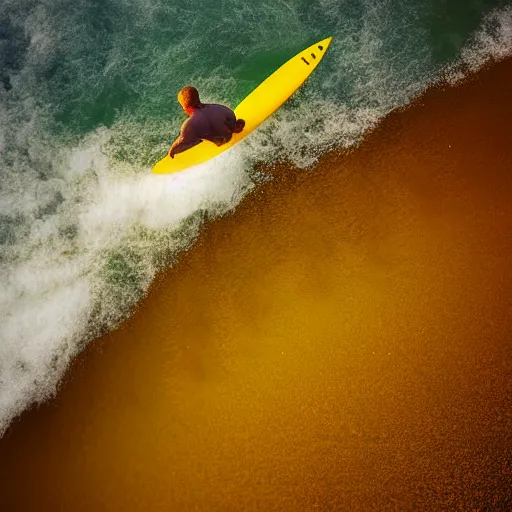 Prompt: man surfing a yellow surfboard down a snowy mountain, high quality digital art, dream-like atmosphere, fog, snow