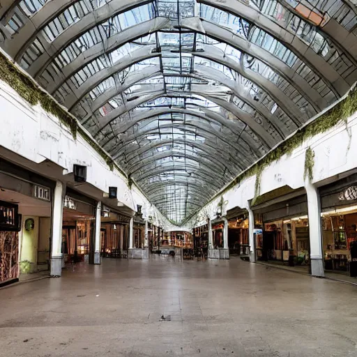 Image similar to a huge indoor mall from a byegone era, the faded signs are all that remains of the nostalgia of the past, the floor is overgrown with moss and vines, the skylight windows were broken open long ago, allowing for sunbeams to stream in, illuminating the ground with a soft glow