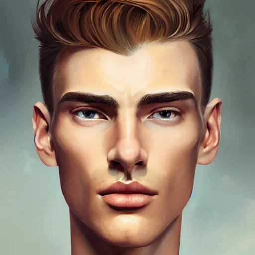 Image similar to tall man in his twenties with brown blond short quiff hair and thin round facial structure with cleft chin, straight eyebrows and prominent nose, good definition of cheekbones, big hazel nut brown eyes, narrow face, atmospheric lighting, painted, intricate, 4 k, highly detailed by charlie bowater