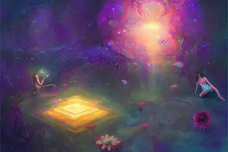 Image similar to yoni, yoni art, psychedelic, whimsical, 4k, beautiful, a crystal and flower, reflective pool, surrounded by gems, underneath the stars, rainbow fireflies, trending on patreon, deviantart, twitter, artstation, volumetric lighting, heavy contrast, art style of Greg Rutkowski and Miho Hirano and Ross Tran