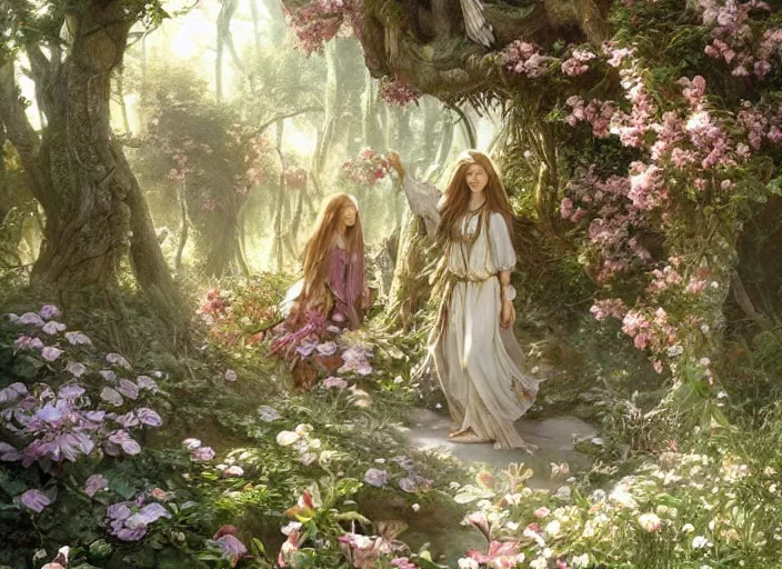 Image similar to female elves with wings of lace in lord of the rings scenery landscape, treehouse, flowers, beautiful day, highly detailed, perfect lighting, perfect composition, 4 k, artgerm, derek zabrocki, greg rutkowski, alphonse mucha