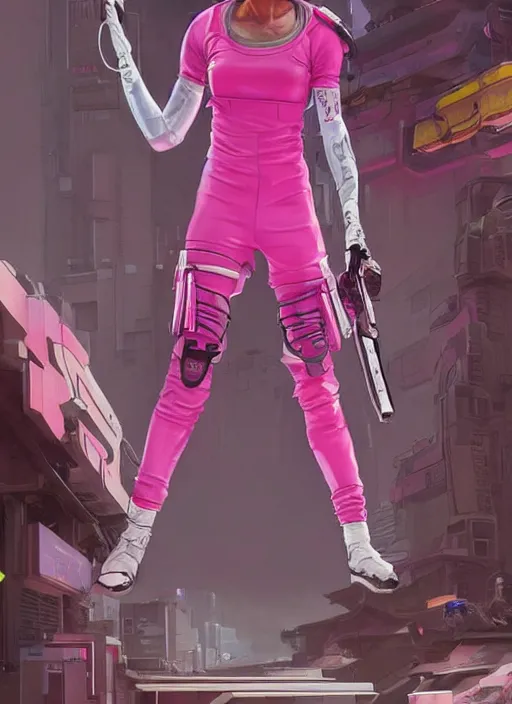 Image similar to apex legends cyberpunk athlete in pink jumpsuit. concept art by james gurney and mœbius. cinematic, hyper realism, realistic proportions, dramatic lighting, high detail 4 k