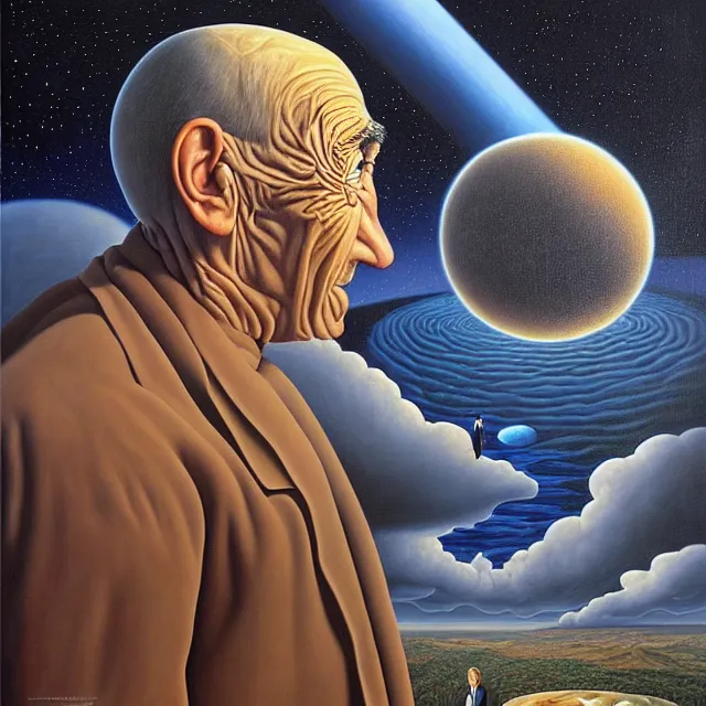 Image similar to an oil on canvas portrait of a man realizing he is the one with the universe, surrealism, surrealist, cosmic horror, rob gonsalves, high detail