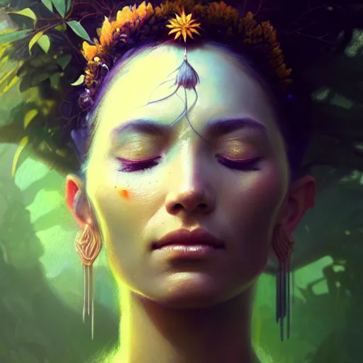 Image similar to a beautiful portrait of a plant goddess with closed eyes by Greg Rutkowski and Raymond Swanland, Trending on Artstation, ultra realistic digital art