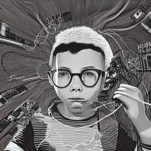 Image similar to illustration of a boy connected to his laptop with hundreds of wires, highly detailed, by butcher billy, cgsociety, mcbess, rutkowski, james jean, 8 k, photorealistic