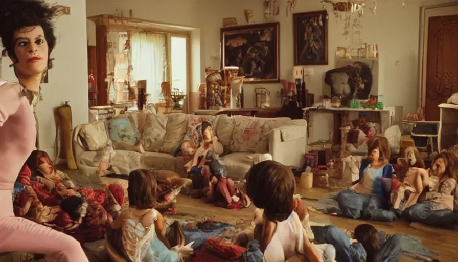 Image similar to movie still by alejandro jodorowsky of a beautiful day in a family living room in a suburban neighborhood usa, visible magic energy, dream creature costumes, transcending cult members, talking animals, haunted bounce house, cinestill 8 0 0 t eastmancolor technicolor, high quality, very detailed, heavy grain, fine facial features, 8 k, octane render