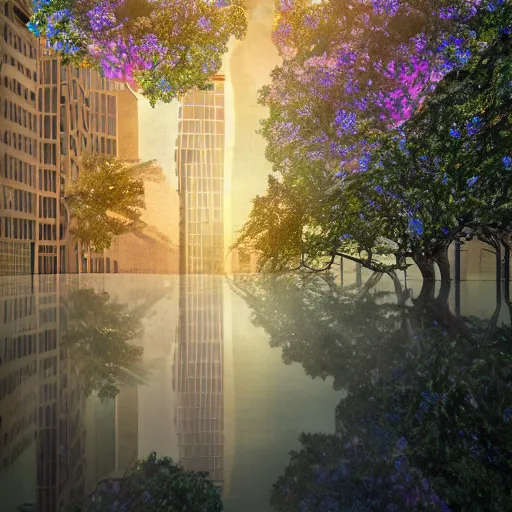 Prompt: birds in a space city full of trees and flowers and forest, reflection, vertical city in saudi arabia, drones, dispersion materials, rays and dispersion of light, volumetric light, noise film photo, ultra realistic, ultra wide angle, glossy and iridescent materials, render by sandro botticelli