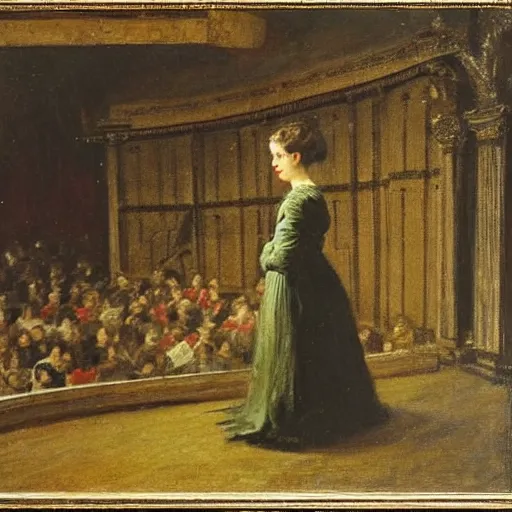 Prompt: an actress on stage in an old theater. she has only a single visitor in the audience, by alfred stevens