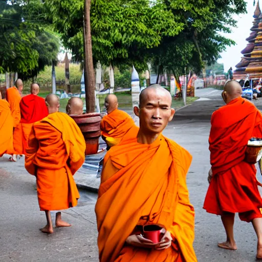 Prompt: Thai Buddhist monks on alms round in the early morning.