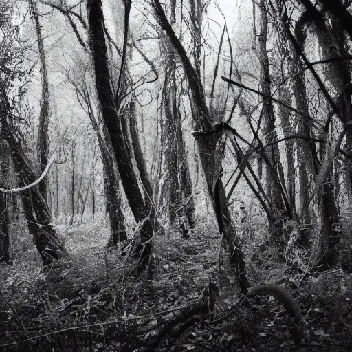 Image similar to night vision tentacles emerging from forest, found footage creepy