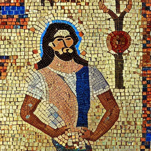 Prompt: minoan mosaic of frustated computer programmer, exquisite detail, extremely colorful