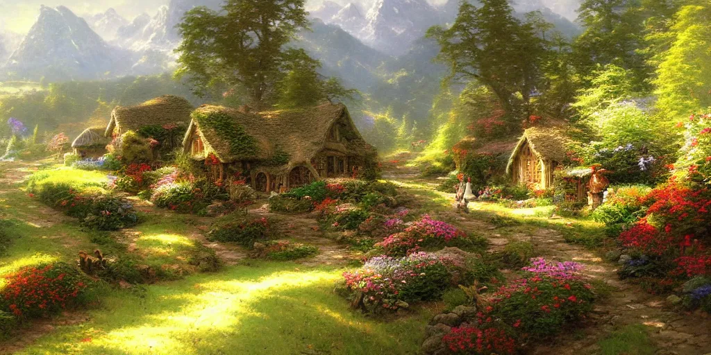 Prompt: thomas kinkade painting of the shire from lotr, hobbit homes,