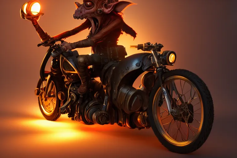 Image similar to a goblin riding a steampunk motorcycle, volumetric light, studio light, hyperdetailed, artstation, cgsociety, 8k