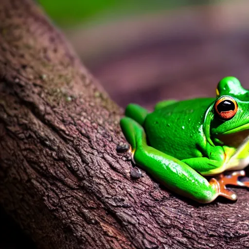 Image similar to a green frog with red paws sits on a tree in a tropical forest, photorealistic, close - up