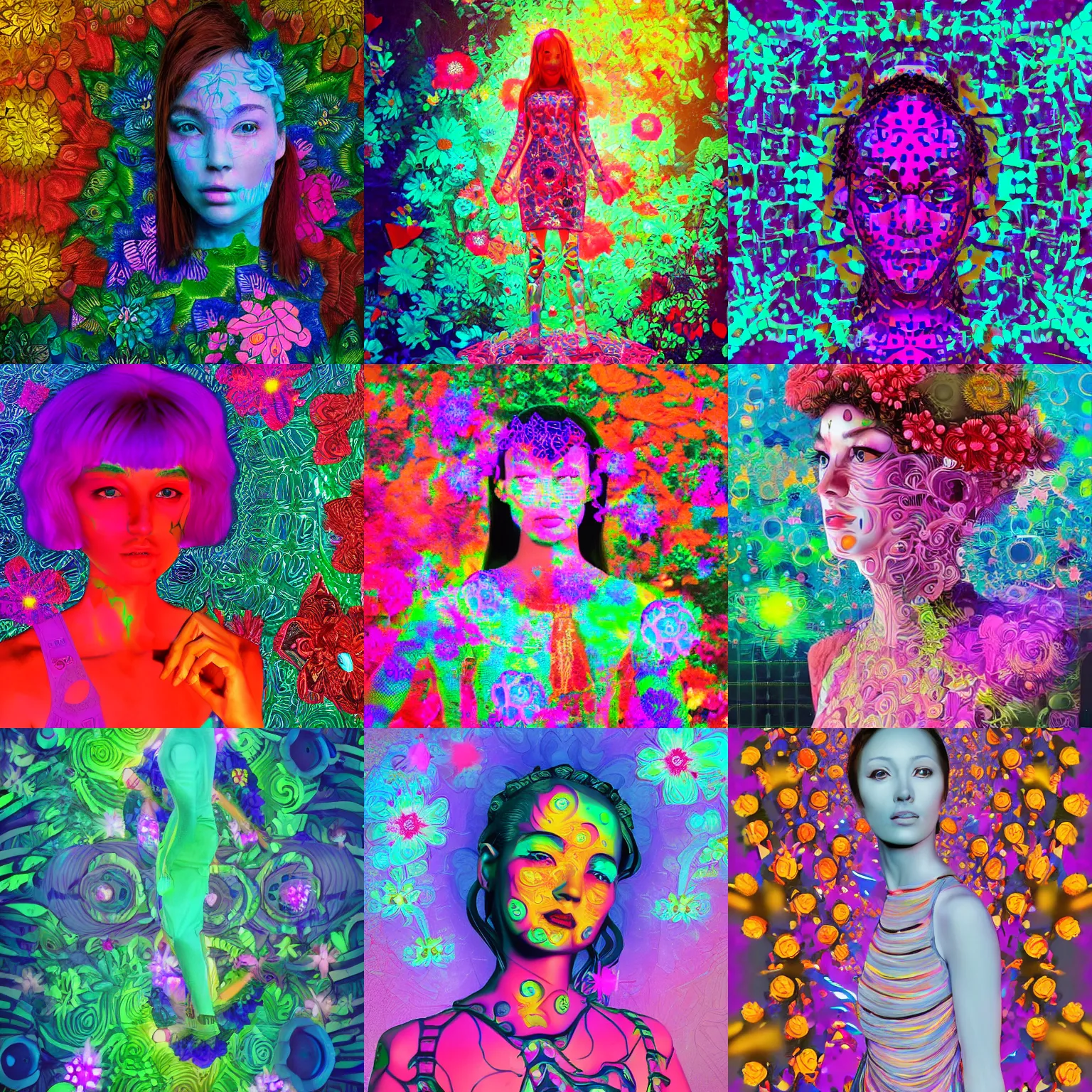Image similar to ai - generated art, generated by an ai image generator who read this caption. tags : detailed, psychedelic, self - aware, design your own avatar, lady with glowing flowers dress, matte painting, trending on artstation