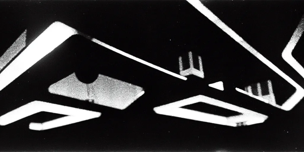 Image similar to low angle shot of a space harbour at night, set design by Fritz Lang, in the style of Jim Jarmusch, shot on film, grainy, hyperrealistic