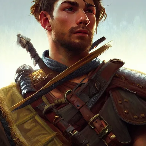 Image similar to portrait of a young rugged ranger, muscular, upper body, longsword, D&D, fantasy, intricate, cinematic lighting, highly detailed, digital painting, artstation, concept art, smooth, sharp focus, illustration, art by Artgerm and Greg Rutkowski and Alphonse Mucha