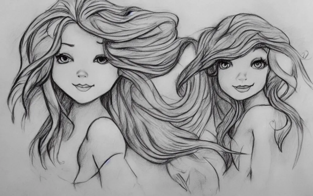 Image similar to pencil sketches of a little mermaid with long hair, white background, defined details, pencil stroke, disney style