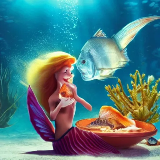 Image similar to ariel eating a fish dinner, hyper realistic, beautiful, 4 k, red hair, succulent, under water, banquet