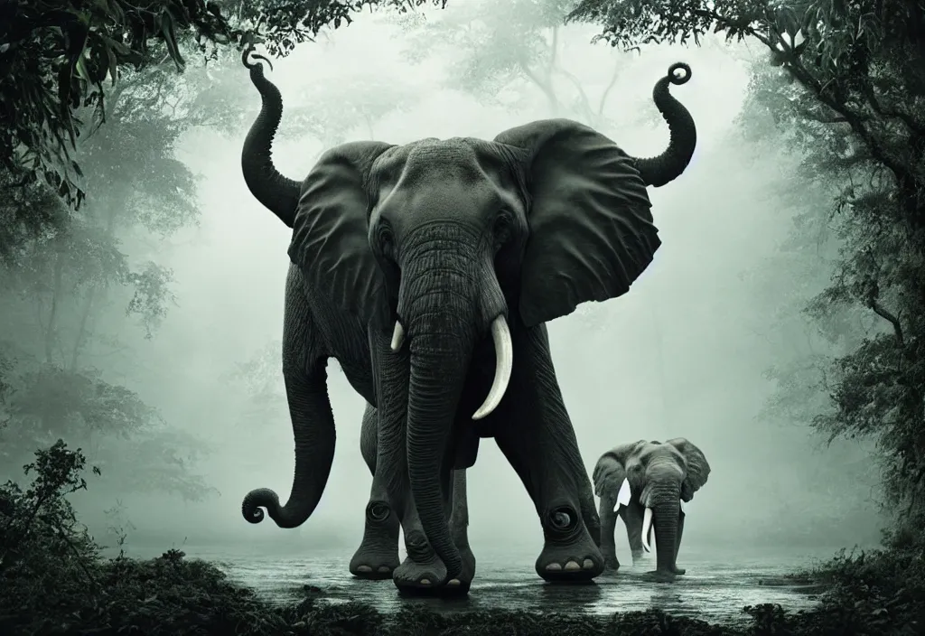 Image similar to an enormous elephant king, his trunk is a huge tentacle, in a jungle with ominous light from above, ambient light, fog, river, symmetrical, poetic