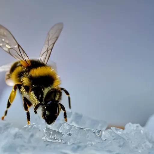 Image similar to a bee finding the last flower made of ice in antarctica, only snow i the background, beautiful macro photography, ambient light