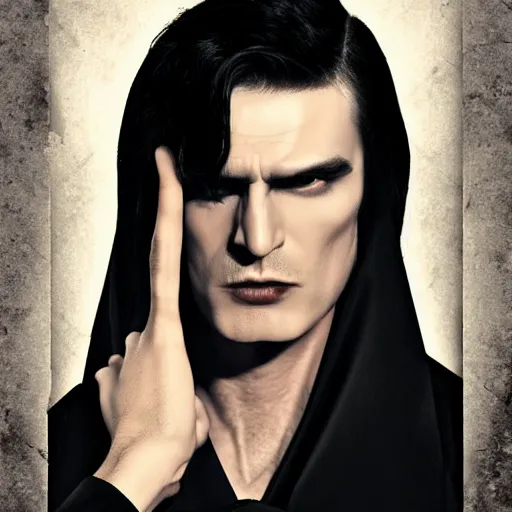 Prompt: a vampire, male, late - 4 0 s aged, long, slicked black hair, clean shaven, wearing a cape, regal, royal, grim facial expression, high medieval fantasy, full color digital art, cinematic shot, full body shot.