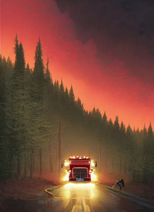 Prompt: Twin Peaks poster artwork by Michael Whelan and Tomer Hanuka, Rendering of a semi truck explosion and a woman walks from the flames, full of details, by Makoto Shinkai and thomas kinkade, Matte painting, trending on artstation and unreal engine