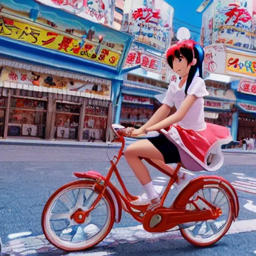 Image similar to anime girl riding bicycle in highly detailed dotonbori street, studio ghibli style, by hayao miyazaki, sharp focus, highly detailed, 4k