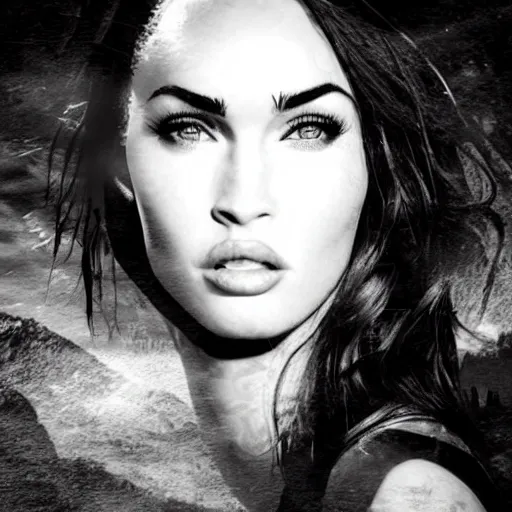 Image similar to megan fox face in beautiful mountains, double - exposure effect, in the style of dan mountford, amazing detail, black and white