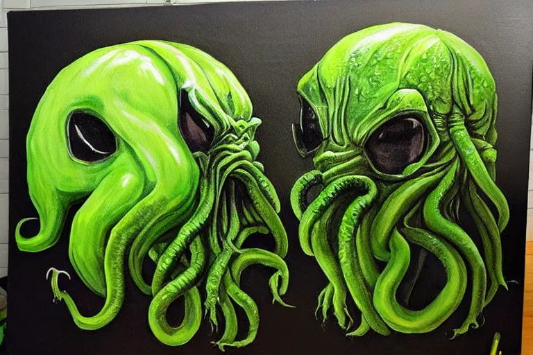 Image similar to cthulhu made of limes, painted in oil paint