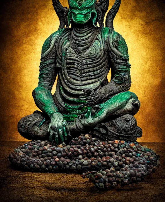 Prompt: xenomorph buddha meditation model hybrid, dragon eggs, dark emerald mist colors, giger background liminal void, cinematic lighting, realistic, award winning photograph, various refining methods, micro macro autofocus