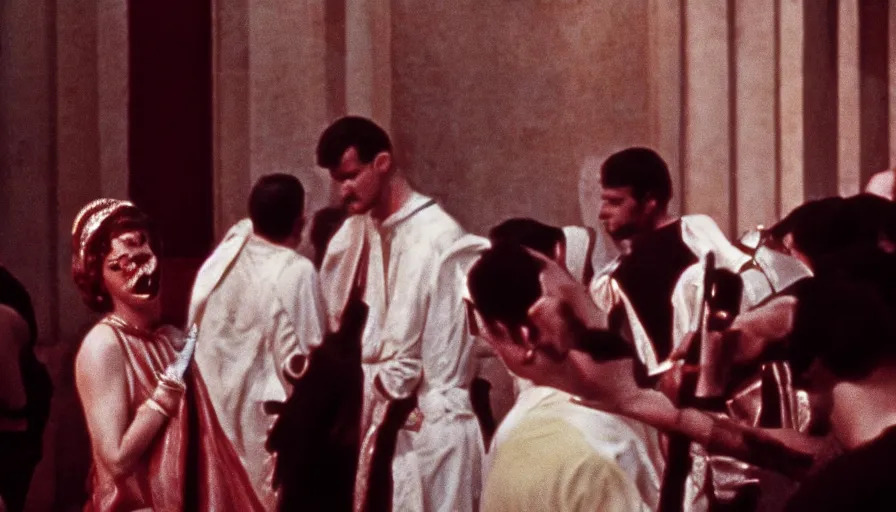 Prompt: 1 9 6 0 s movie still of caligula stabbed to death by senators, cinestill 8 0 0 t 3 5 mm, high quality, heavy grain, high detail, dramatic light, ultra wide lens, anamorphic