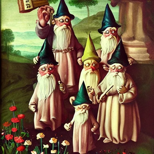 Image similar to creepy garden gnomes renaissance painting