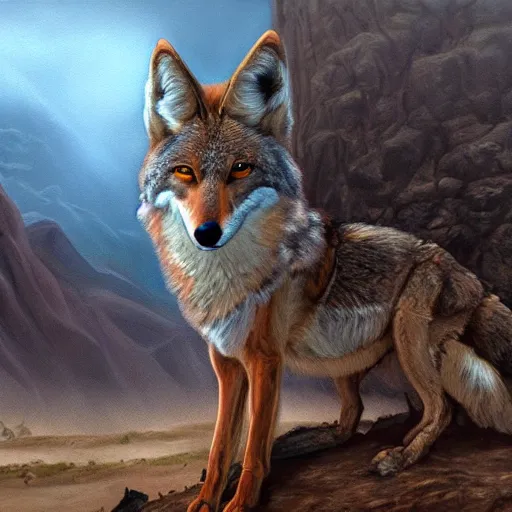 Image similar to coyote, elden ring boss, matte painting, detailed, elden ring, oil on canvas