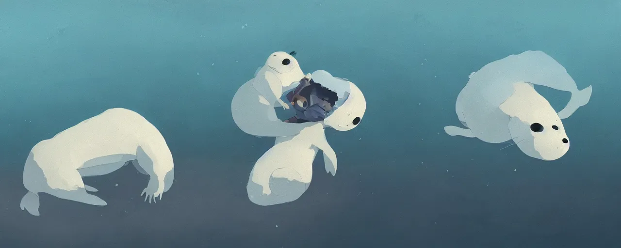 Prompt: a baby harp seal skeleton decomposing on the bottom of the arctic ocean, atey ghailan, goro fujita, studio ghibli, rim light, dark lighting, clear focus, very coherent,