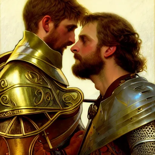 Image similar to attractive arthur pendragon and his attractive male knight, they are in love, natural lighting, path traced, highly detailed, high quality, digital painting, by gaston bussiere, craig mullins, alphonse mucha j. c. leyendecker