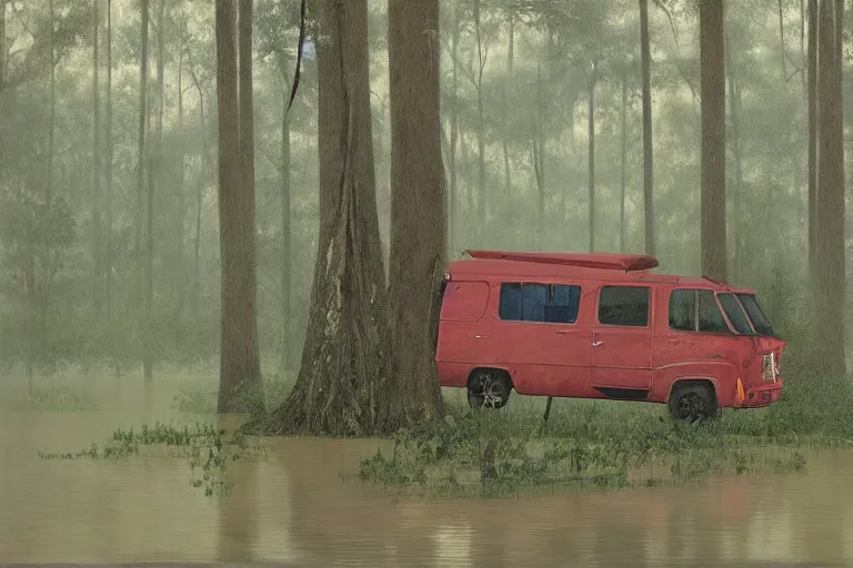 Image similar to scene from louisiana swamps, trailer in the woods, old couch, broken tv, parachute in a tree, voodoo artwork by tim eitel