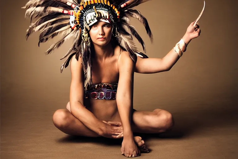 Image similar to a woman in a buffalo headdress sitting on the ground with one leg raised, cosplay, photoshoot, studio lighting, photograph by Bruce Weber
